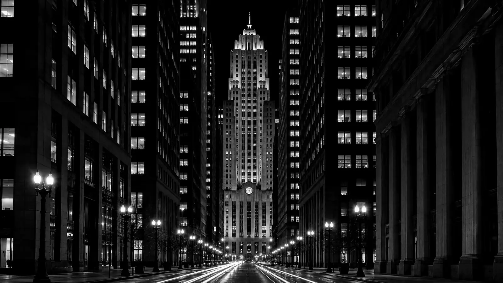 LaSalle Street in Chicago at night, looking toward the Board of Trade tower