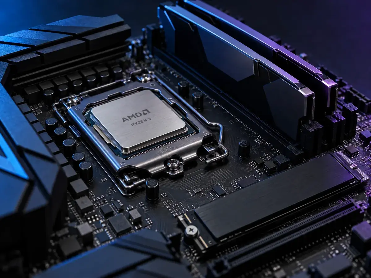 Illustrative macro photo of an AMD Ryzen 9 CPU in its socket beside DDR5 memory and an NVMe drive