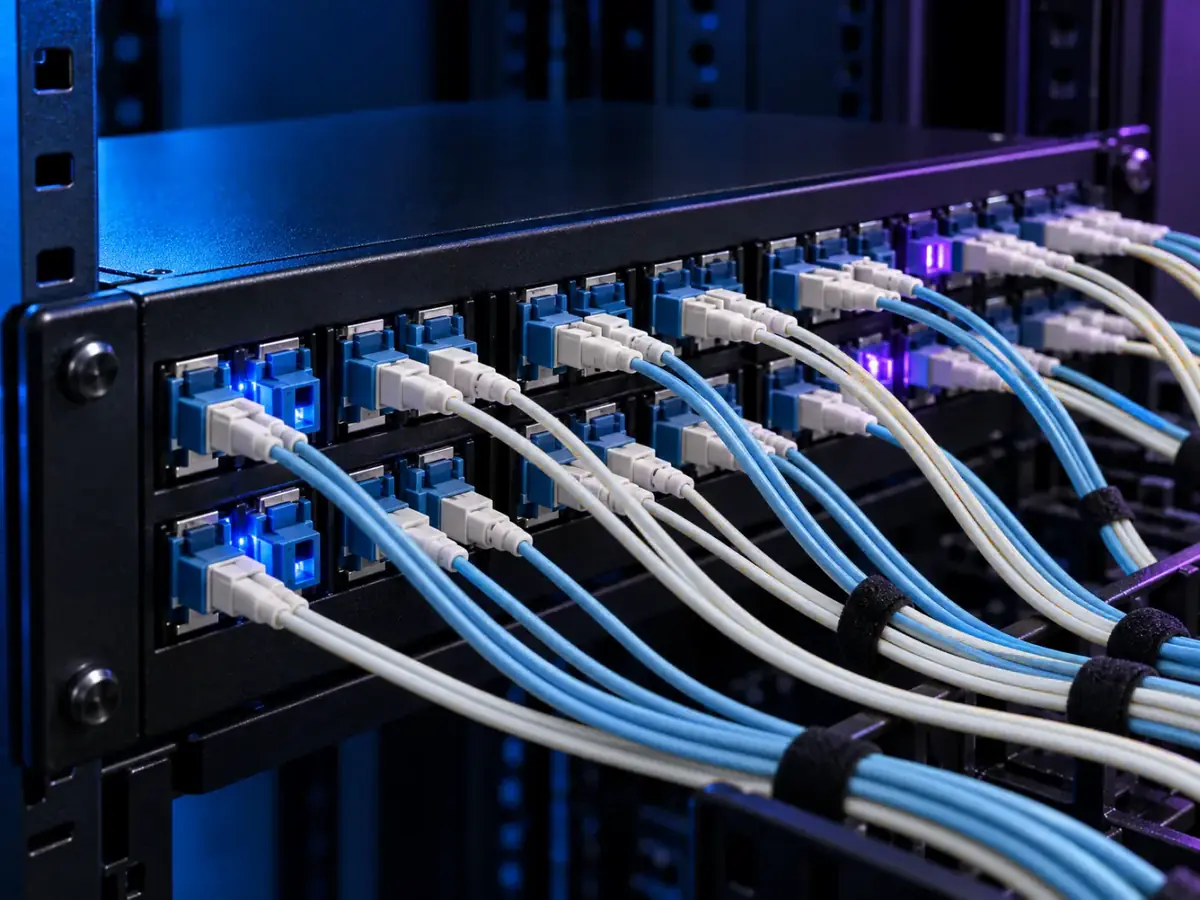 Illustrative macro photo of fiber patch cords in a cross-connect panel