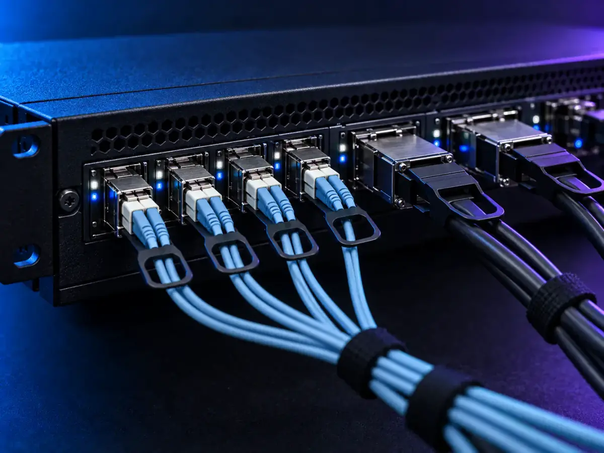 Illustrative macro photo of a network switch with redundant fiber uplinks